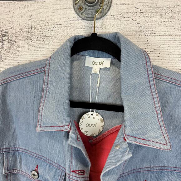 Oddy Women's Blue Jean Pink Heart Back Basic Denim Jacket Size Small - Picture 2 of 7